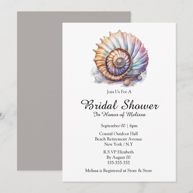 Invitation Seashell nautique plage nuptiale douche taupe blan (Devant / Derrière)