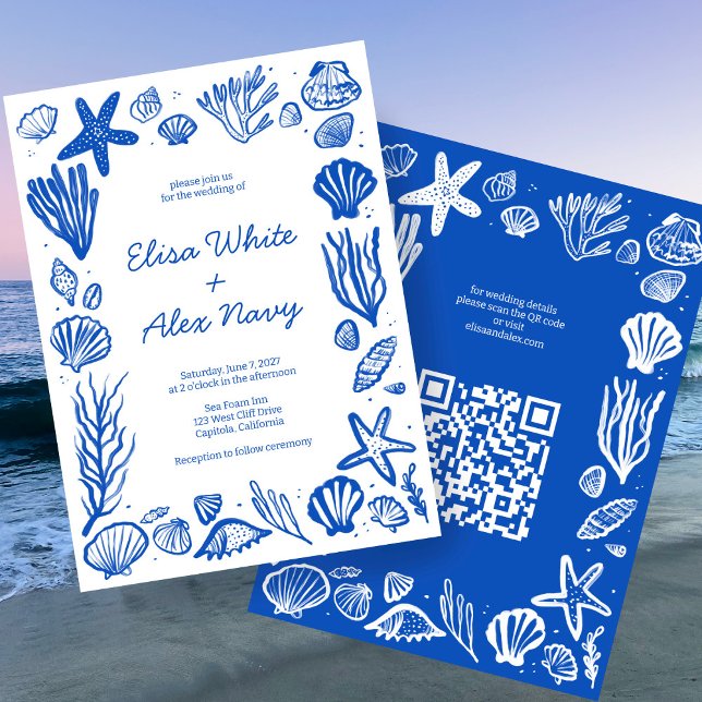 Invitation Seashells Frame Beach Wedding CUSTOM QR Code (Seashells Frame Beach Wedding CUSTOM QR Code Invitation
)