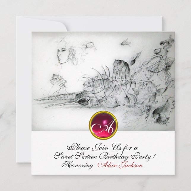 Invitation SEASHELLS SWEET 16, Monogramme rubis noir blanc (Devant)