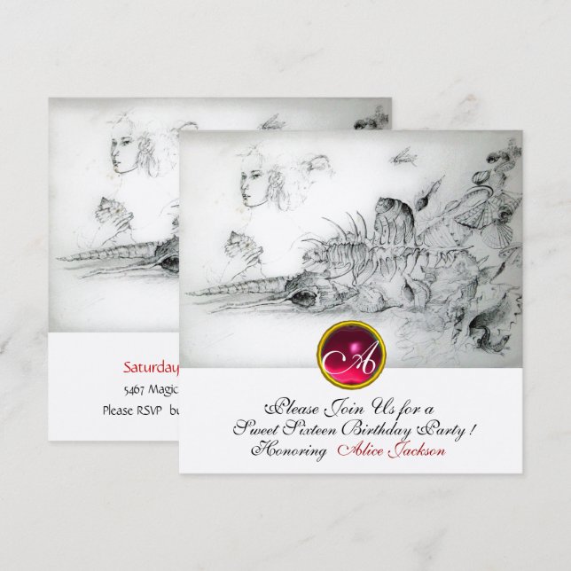 Invitation SEASHELLS SWEET SIXTEEN PARTY, Ruby Monogram Argen (Devant / Derrière)