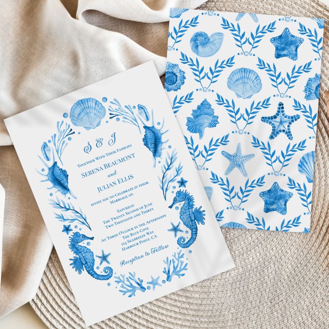 Invitation Seaside Elegance Blue Coastal Watercolor Wedding (Seaside Elegance Blue Coastal Watercolor Wedding Invitation)