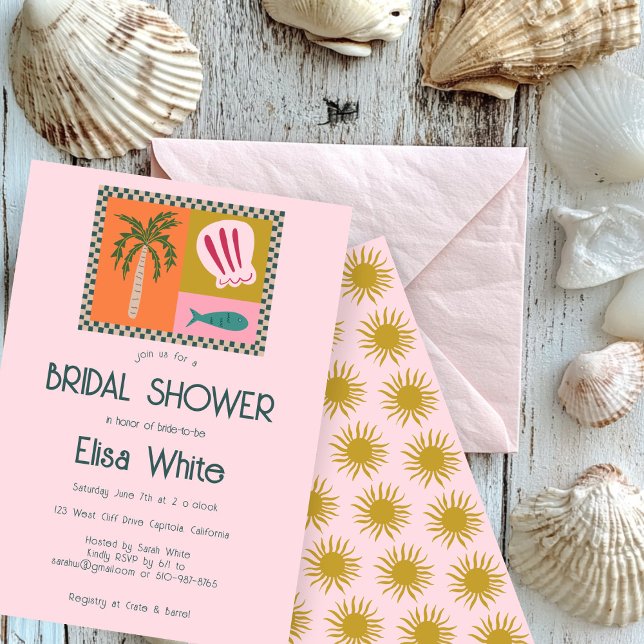 Invitation Seaside Soiree Fête des mariées Moderne Cute CUSTO (Seaside Soiree Bridal Shower Modern Cute CUSTOM Pink Sun Invitation
)