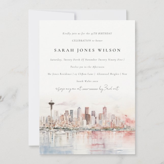 Invitation Seattle Washington Watercolor Landscape Birthday (Devant)