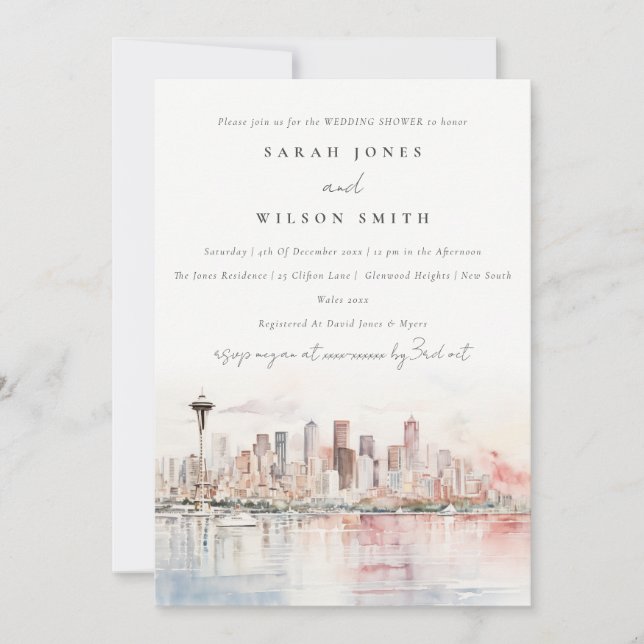 Invitation Seattle Washington Watercolor Scape Wedding Shower (Devant)