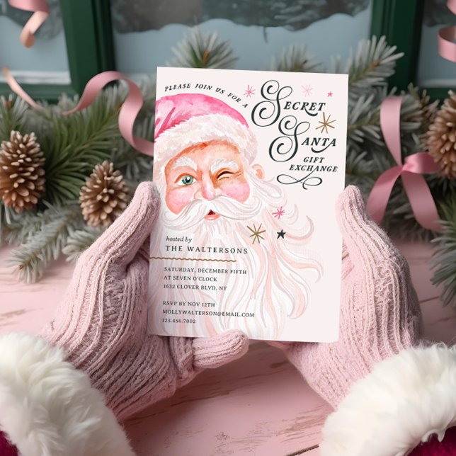 Invitation Secret Père Noël échange de cadeaux Retro Pink San (Secret Santa Gift Exchange Retro Pink Santa Claus Party Invitation)