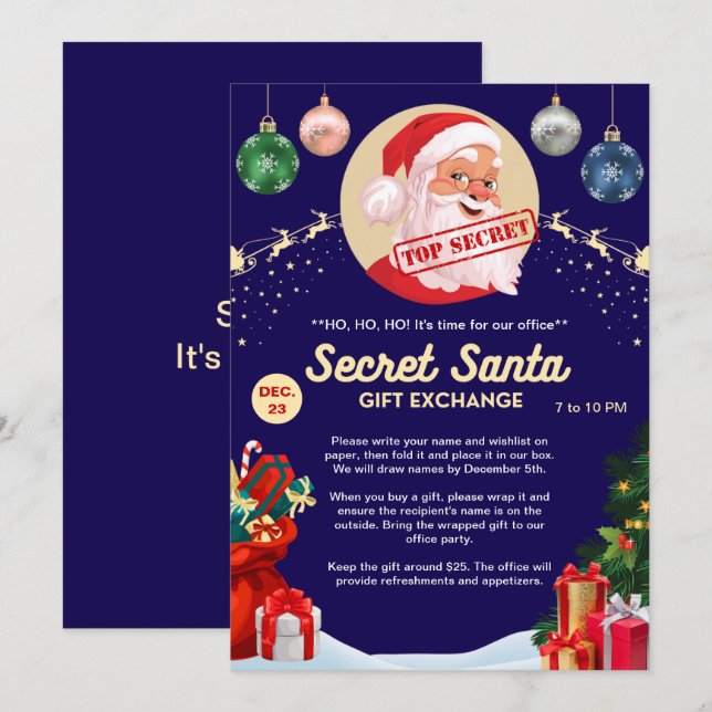 Invitation Secret Père Noël Office d'échange de cadeaux Home  (Devant / Derrière)