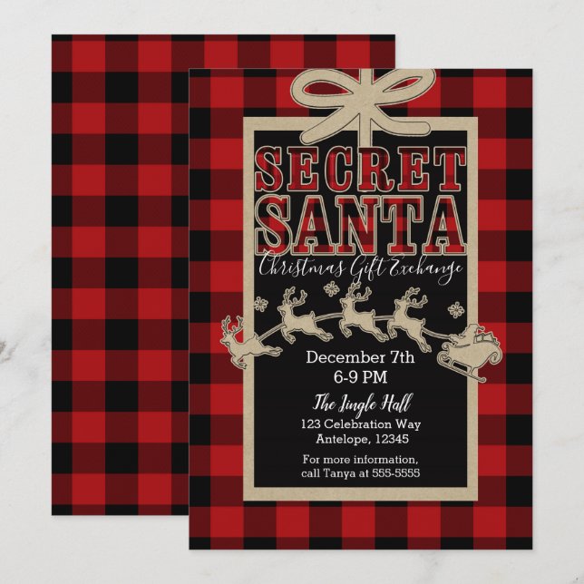 Invitation Secret Père Noël Rustic Holiday Red Plaid & Kraft (Devant / Derrière)