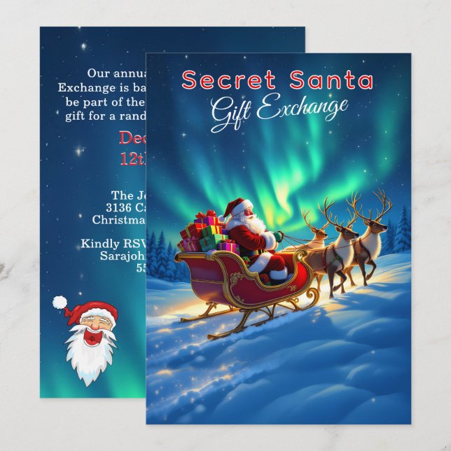 Invitation Secret Santa Sleigh & Northern Lights 5x7 Party (Devant / Derrière)