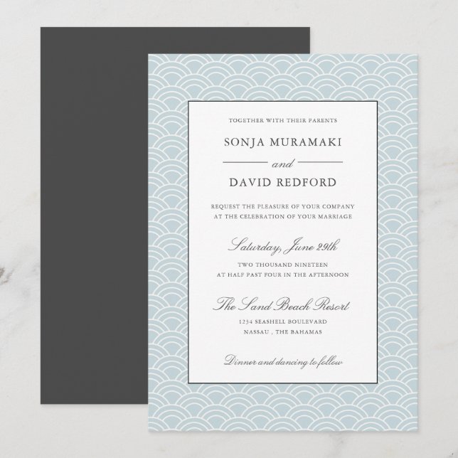 Invitation Seigaiha | Dusty Blue vague japonaise mariage de p (Devant / Derrière)