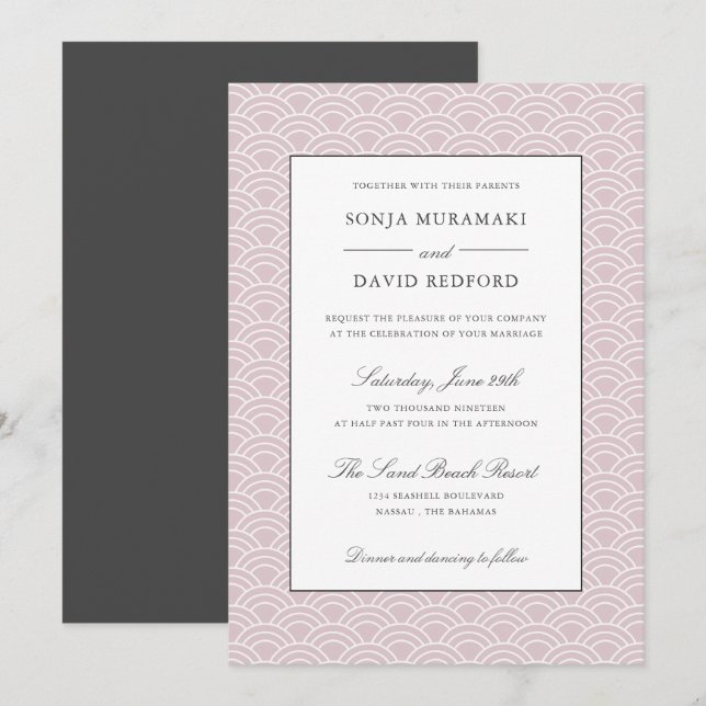 Invitation Seigaiha | Dusty Rose vague japonaise mariage de p (Devant / Derrière)