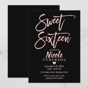 Invitation SEIZE ANS 16 Or Rose Feuille et Moderne Noir