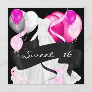 Invitation Seize Ans Noir Rose Blanc Robes Ballons
