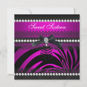 Invitation Seize ans Zèbre Rose Chaud Noir Perle Dentelle