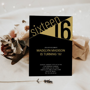 Invitation Seize   Black & Gold 16th Birthday Party