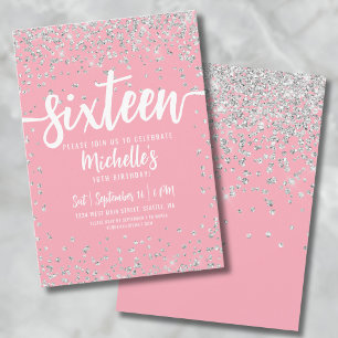 Invitation Seize Paillettes Roses Élégant Chic Douce 16