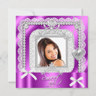 Invitation Seize Rose Violet Dentelle Perle Photo Douce seiza