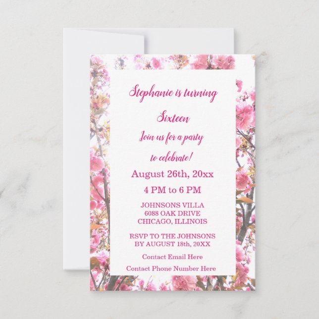 Invitation Seizième anniversaire Chaud rose cerise fleurs flo (Devant)