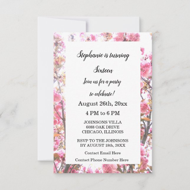 Invitation Seizième Anniversaire Fleur de cerisier rose (Devant)
