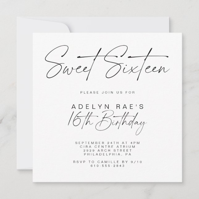 Invitation Seizième anniversaire minimaliste (Devant)