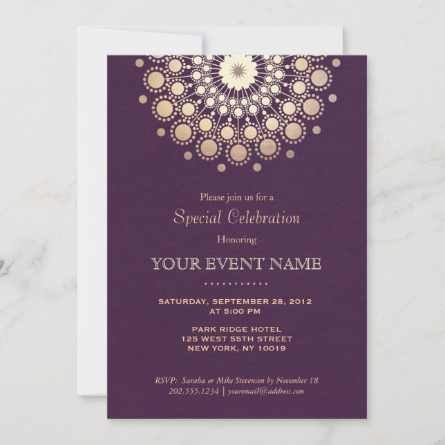 Invitation Sembler de toile pourpre d'or de motif élégant de (Devant)