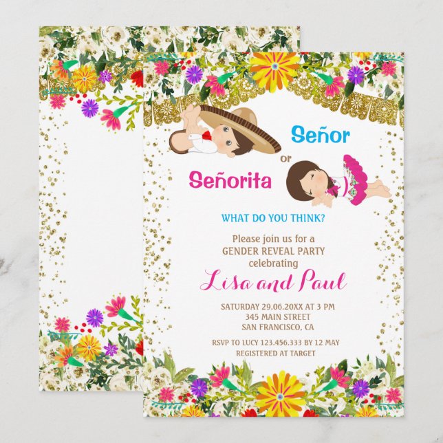 Invitation Señor ou Señorita Fiesta Révélation de genre (Devant / Derrière)