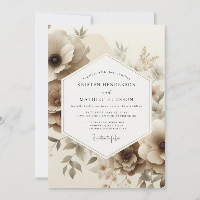 Invitation Sepia Floral Romance Wedding (Devant)