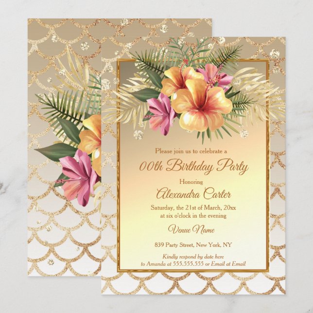 Invitation Sepia Gold Rose Hibiscus Floral Anniversaire (Devant / Derrière)