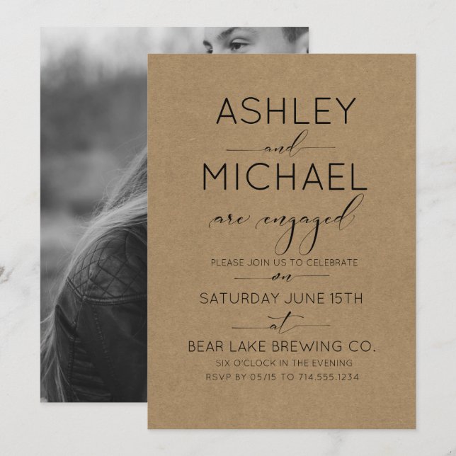 Invitation Sepia Kraft Typographie Engagement Partie Invitati (Devant / Derrière)