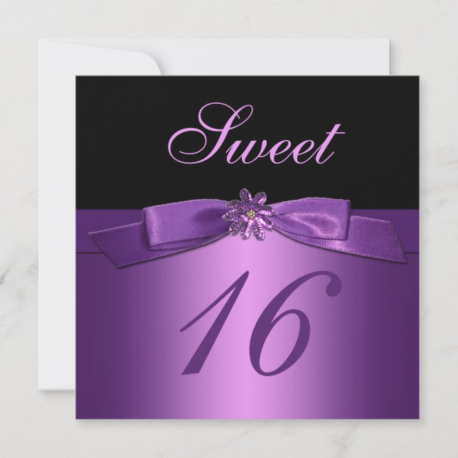 Invitation Séquence noire violette Bow (IMPRIMÉ) Sweet 16 (Devant)