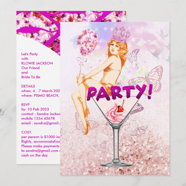 Invitation Séquence rose Glitzy Glamour Bachelorette Party (Devant / Derrière)