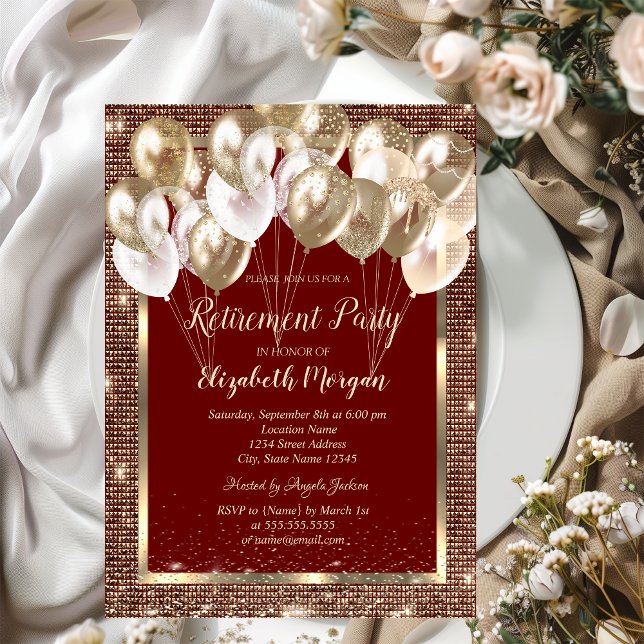 Invitation Séquences de trame or Ballons Retraite rouge (Créateur téléchargé)
