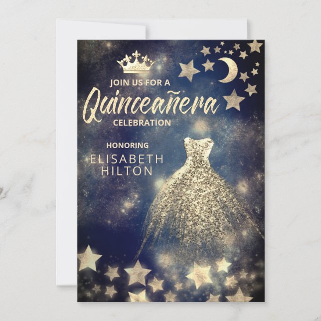 Invitation Séquences d'or robe étoiles lune Quinceañera bleu (Devant)