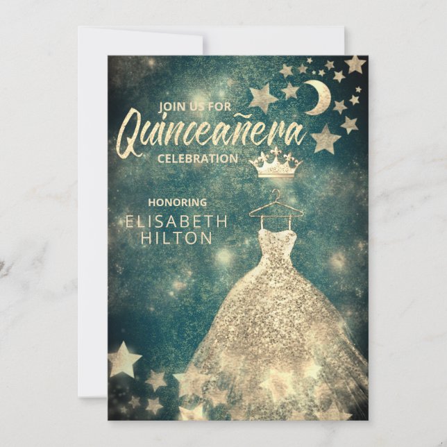 Invitation Séquences d'or robe étoiles lune Quinceañera vert (Devant)