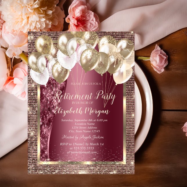 Invitation Séquines de cadres d'or Ballons Burgundy Retraite (Créateur téléchargé)