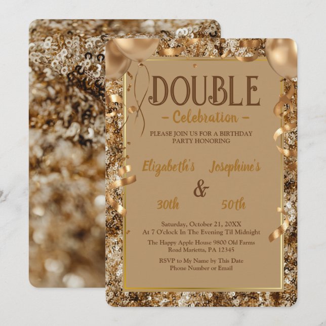 Invitation Séquines d'or Double adulte mixte fête d'anniversa (Devant / Derrière)