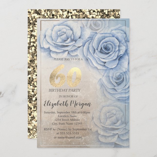 Invitation Séquines d'or Roses bleus 60e anniversaire (Devant / Derrière)