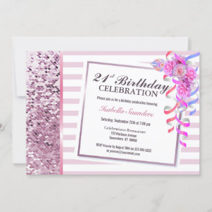 Invitation Séquines florales roses Stripes 21e fête d'anniver