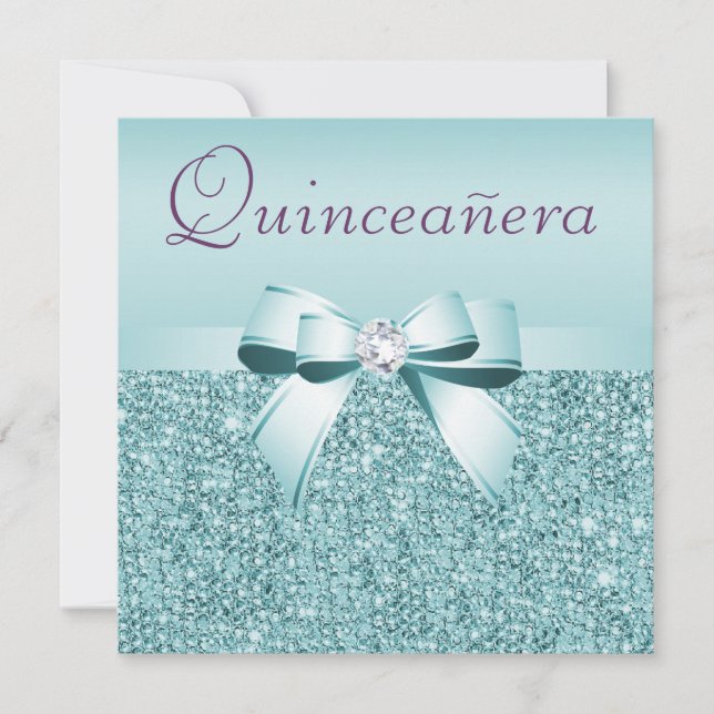 Invitation Séquines imprimées Turquoises et Quinceanera de Bo (Devant)