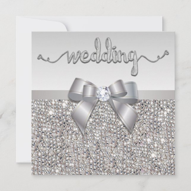 Invitation Séquins Argent Faux Bow Coeurs Mariages Typographi (Devant)