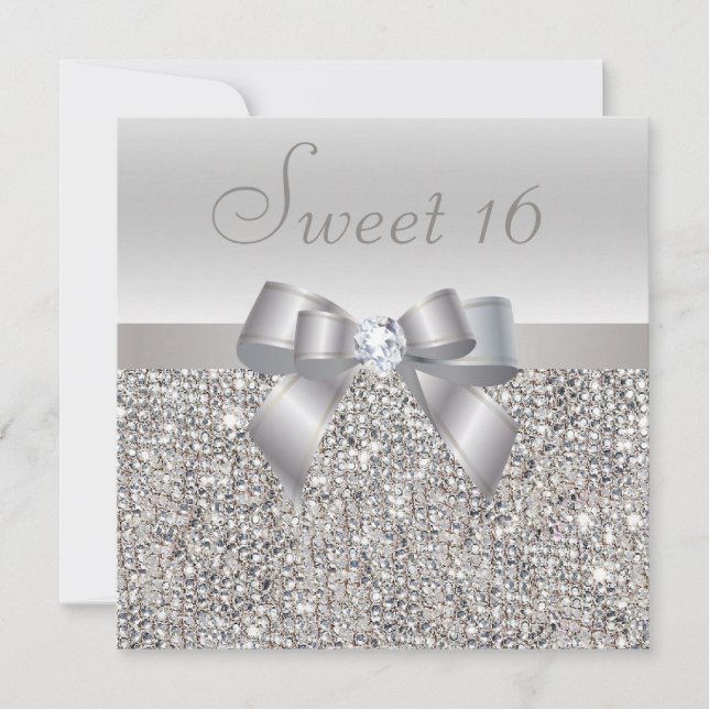 Invitation Séquins d'argent imprimé, Bow & Diamond Sweet 16 (Devant)