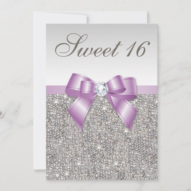 Invitation Séquins d'argent Lilac Faux Bow Sweet 16 (Devant)