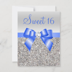 Invitation Séquins d'argent Royal Blue Bow Sweet 16
