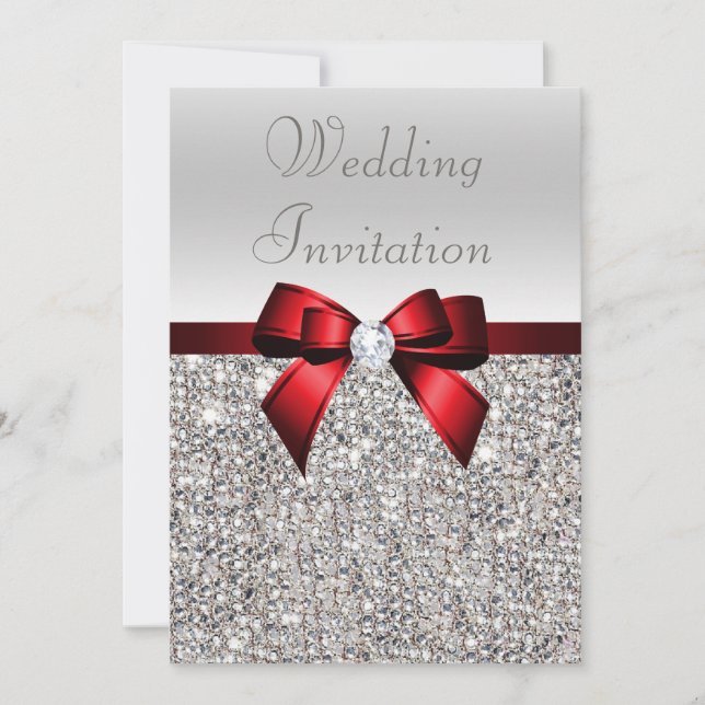 Invitation Séquins d'argent Royal Red Bow et Mariage de diama (Devant)