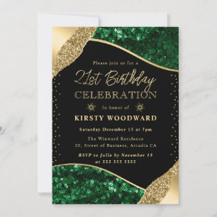 Invitation Séquins d'hiver vert et or 21e anniversaire
