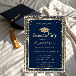 Invitation Séquins Diamants Gold Grad Casquette Blue Graduati