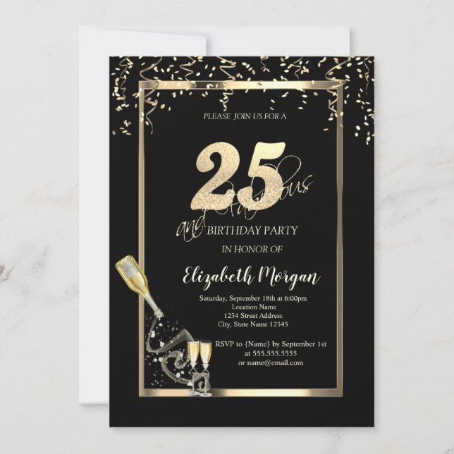 Invitation Séquins d'or, Bouteille de verre de vin 25e annive (Devant)