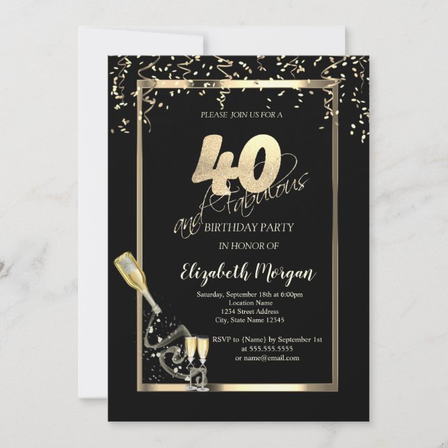 Invitation Séquins d'or, Bouteille de verre de vin 40e annive (Devant)