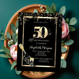 Invitation Séquins d'or, Bouteille de verre de vin 50e annive