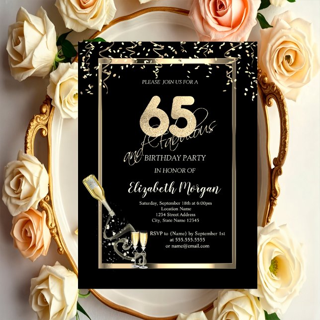 Invitation Séquins d'or, Bouteille de verre de vin 65e annive (Créateur téléchargé)