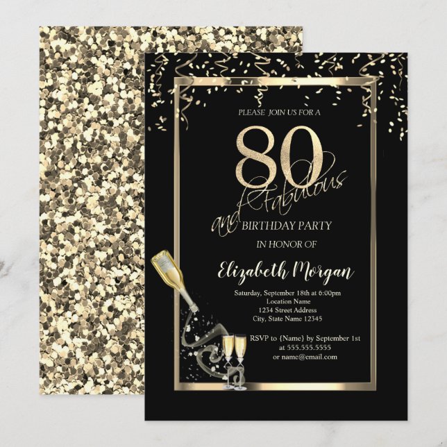 Invitation Séquins d'or, Bouteille de verre de vin 80e annive (Devant / Derrière)
